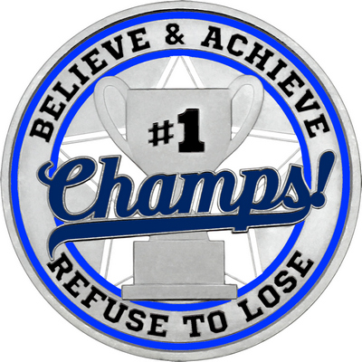 Navy Blue "Champs!" with Royal Blue Outer Circular Borders